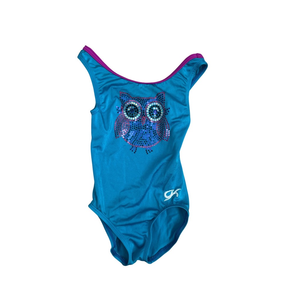 GK Elite Girls Teal Blue Sequin Owl Gymnastics Leotard CXS Metallic Dancewear